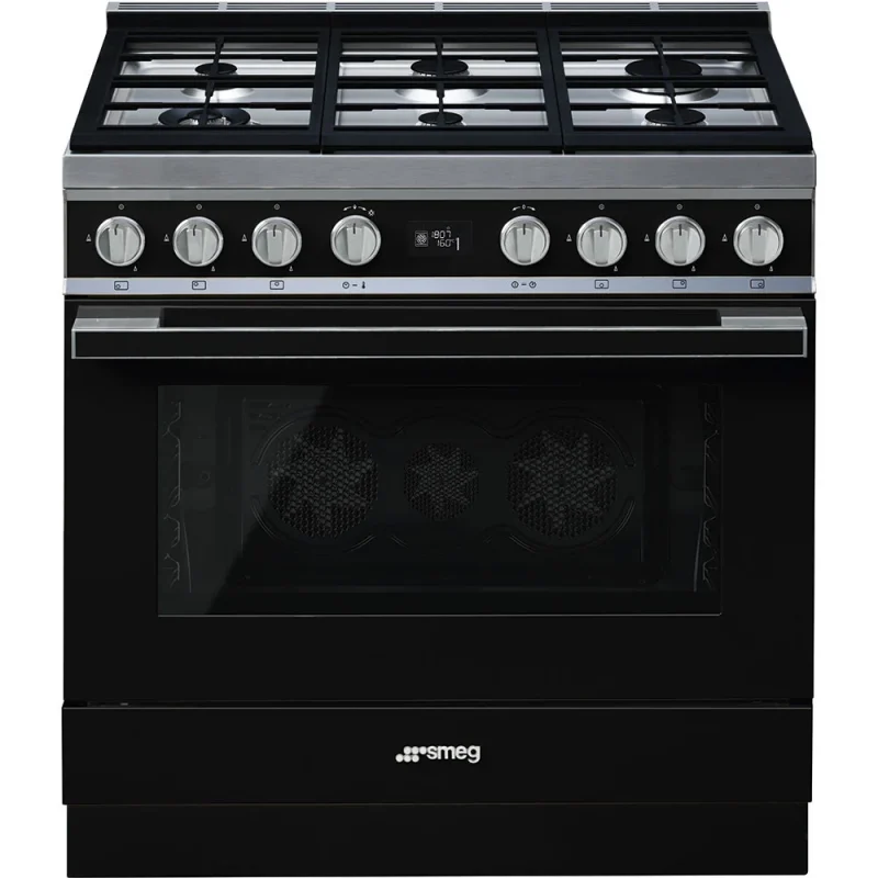 Fogão a Gás Smeg CPF9GPBL - Piro, Portofino, Preto, 90cm, Misto, A+