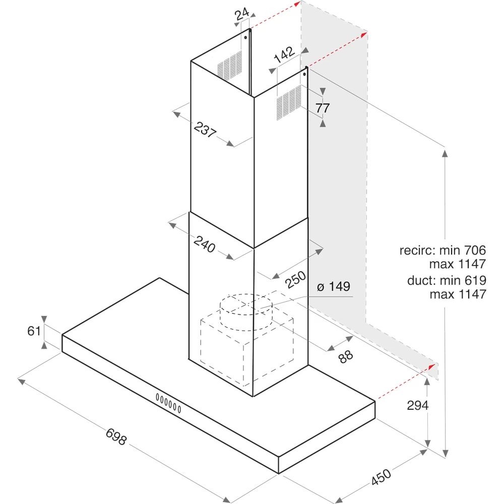Chaminé Hotpoint HHBS 7.7F LT X - 69.8 cm, 713 m³/h, Inox - Image 2